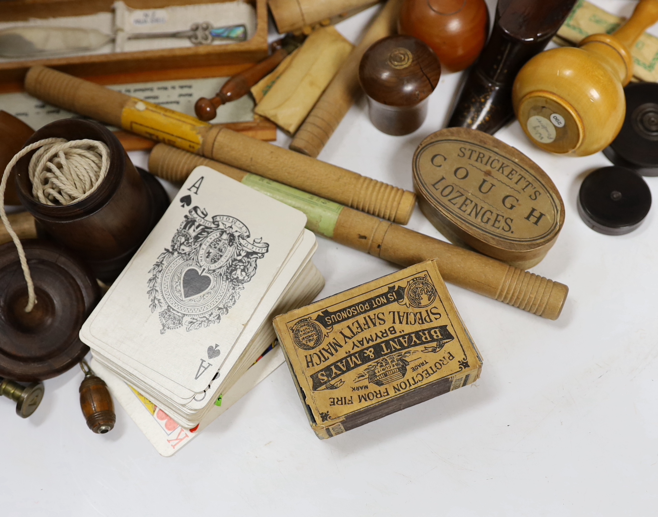 A quantity of assorted treen items and playing cards
